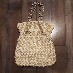 Vintage White Straw, Clear Bead Bag w/ Gold Chain